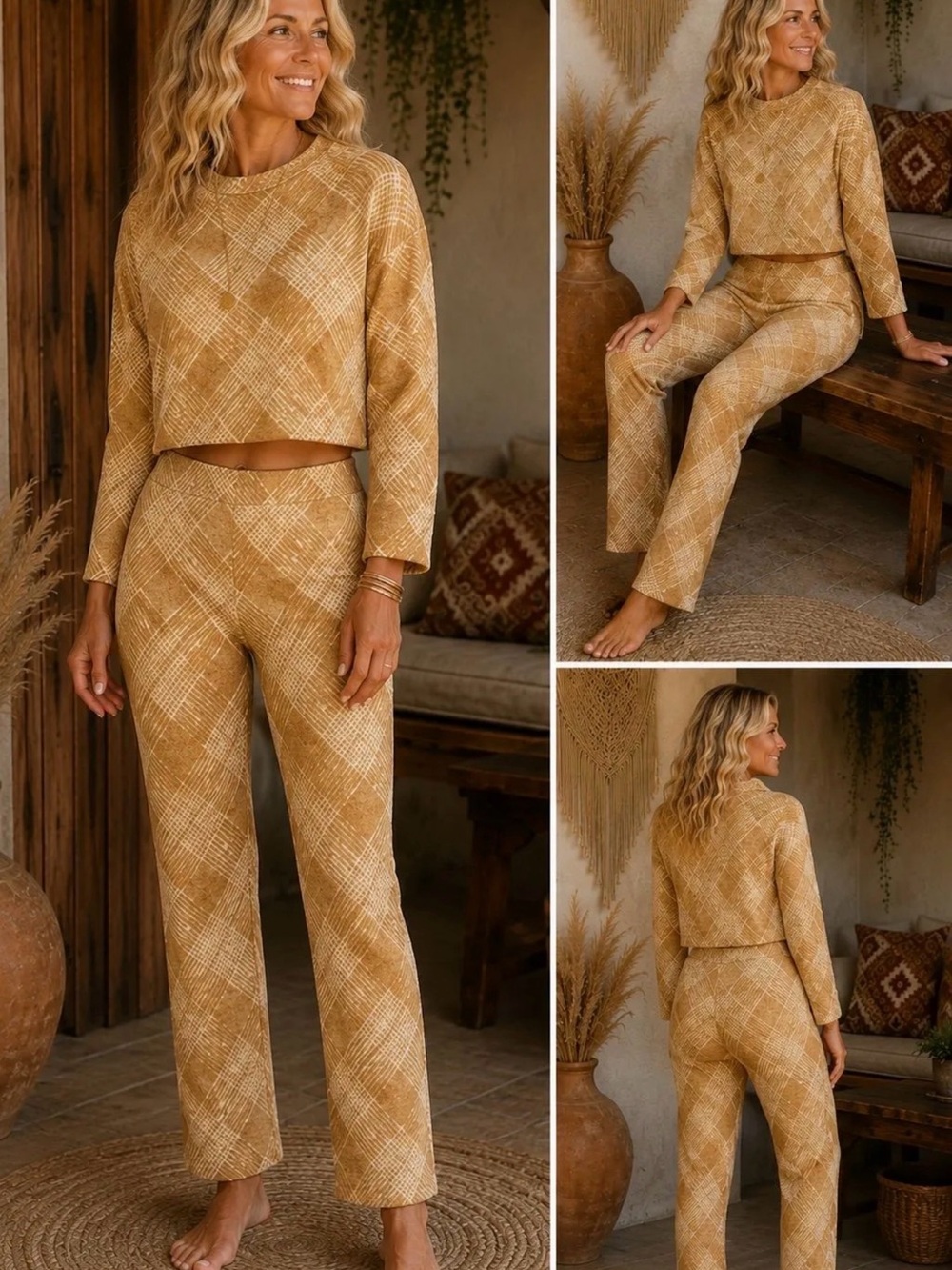BRAND NEW - WIN WIN Cozy Plaid Knit Lounge Set - Tan